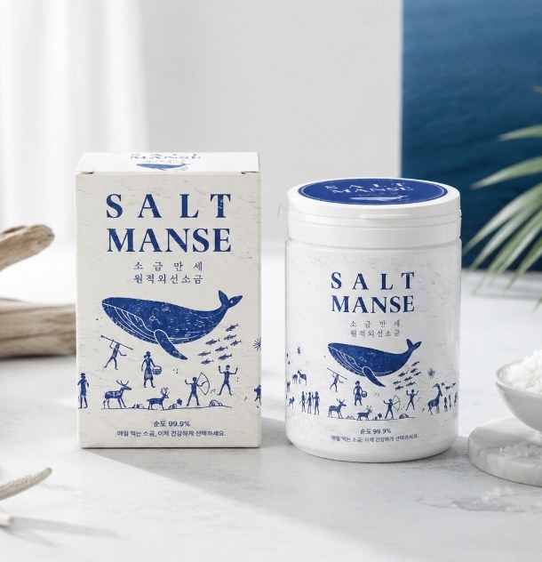 고래 암각화를 그린 SALT MANSE 원적외선소금 상자와 흰 용기